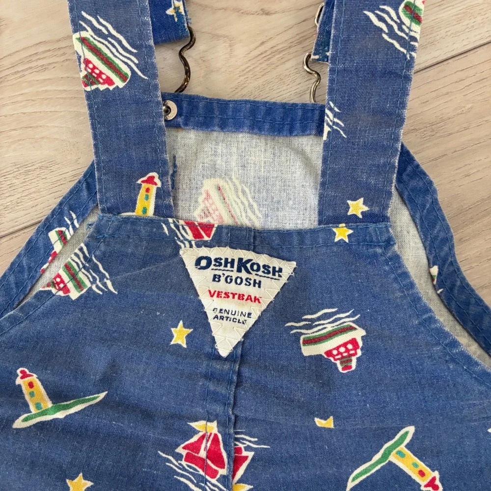 Vintage OshKosh Bgosh Vestbak Overalls 6/9M Nautical Sailboat Blue Made in USA